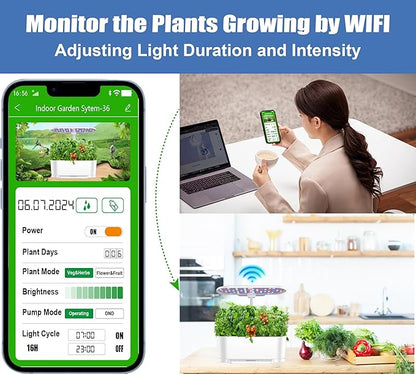 Hydroponics Growing System Kit APP Controlled, Indoor Herb Garden Hydroponic 15 Pods 36W Grow Light, Smart Indoor Garden, Height Adjustable to 30", Water Shortage Alarm, Quiet Pump, Auto Timer, White