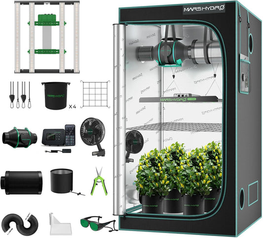 Mars Hydro 3x3 Smart Grow Tent Kit Complete System with Smart Controller 43,FC-E3000 APP Control Dimmable 1184Pcs Grow Light,1680D High Reflective Mylar,4inch Customized Ventilation System