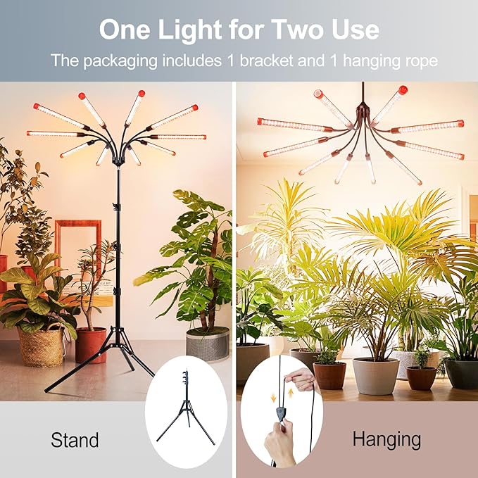 Gamechanger! 90W, NOT 24W, Bright Beyond Your Imagination, 10Head Stand Grow Lights for Indoor Plants, Big Coverage Full Spectrum LED Plant Grow Light for Bonsai Tree, Tall Plant, 4,8,12 Hr Timer