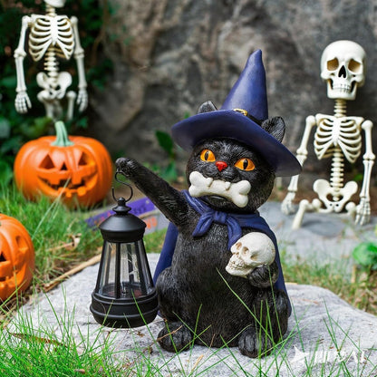 Halloween Black Cat Decor Spooky Solar Cat Garden Statues Holding Skull with LED Lantern Halloween Outdoor Decorations for Porch Patio Yard Lawn Holiday Gardening Gifts for Women