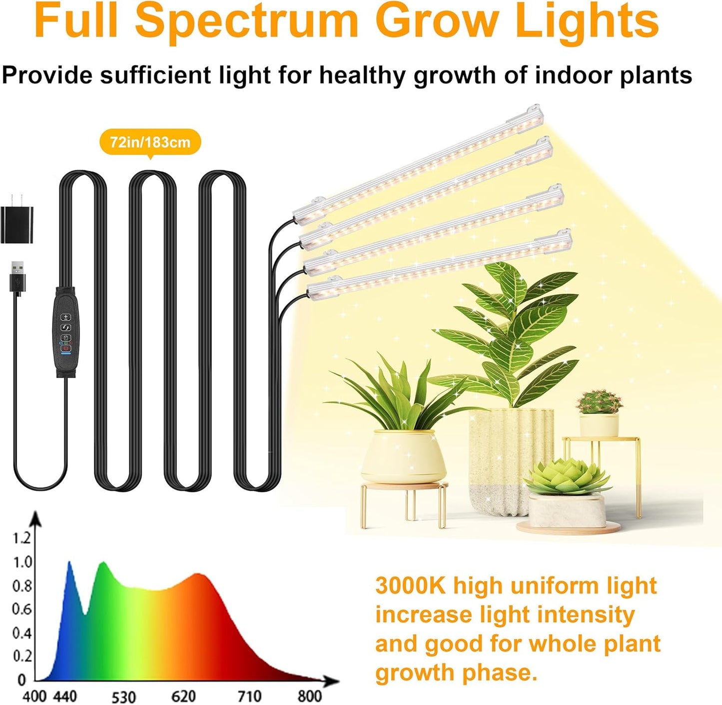 8.6'' LED Plant Growing Light Strips, Full Spectrum 3500K Grow Light for Indoor Plants with 3/9/12H Timer, 10 Dimmable Levels for Seedling Succulent and Plant Shelf, 4 Head 2 Pack