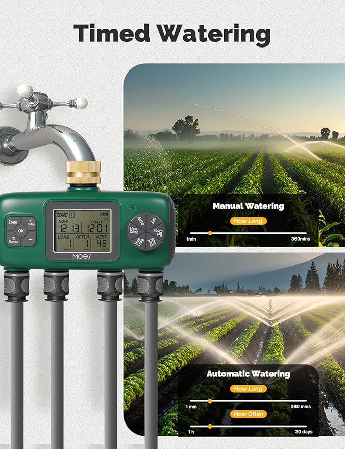 MOES 4 Outlet Sprinkler Timer, Brass Inlet, Programmable Automatic Irrigation Controller, Rain Delay, Manual Watering, 4 Zone Water Hose Timer for Gardens, Lawns, and Hose Systems