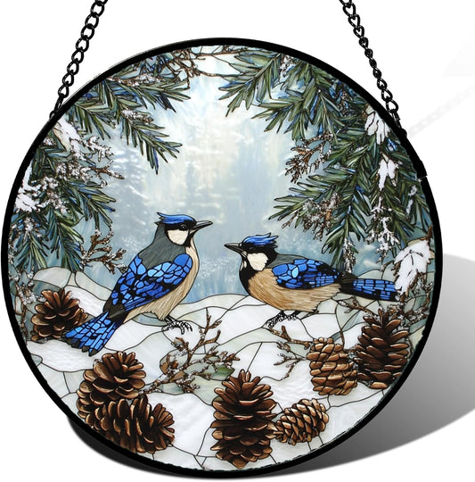 Stained Glass Window Hanging - Blue Bird Winter Forest Landscape Suncatcher for Door Garden Yard Sun Catchers Decor Christmas Mother's Day Birthday Gifts for Women Mom Nana Friend 11.8 in