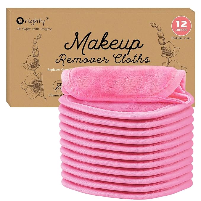 Orighty Makeup Remover Cloths 12 Pack, Makeup Removal Face Cleansing Cloth, Reusable Make-up Remover Pads Remove Instantly Dirt with Just Water, 5 x 5 in (Pink)
