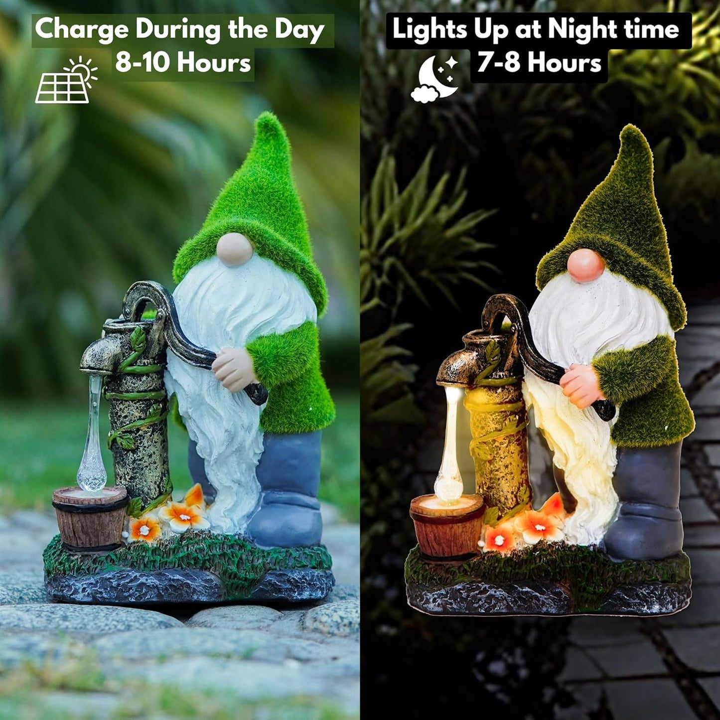 Water Pump Gnome Garden Decor for Yard/Lawn/Patio/Deck - Outdoor Weatherproof Statue with Solar Light - Moss Effect - Fun Spring & Summer Charming Gnomes Gifts for Women (Forest Green)