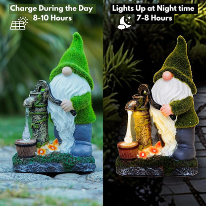 Water Pump Gnome Garden Decor for Yard/Lawn/Patio/Deck - Outdoor Weatherproof Statue with Solar Light - Moss Effect - Fun Spring & Summer Charming Gnomes Gifts for Women (Forest Green)