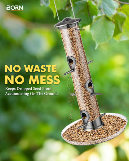 iBorn Bird Feeders Seed Catcher for Outside Hanging 6 Port Bird Feeder for Cardinal Birds Aluminium Metal,Brushed Black Nickel Finishing 14 Inch 6 Port (Seed is not Included)