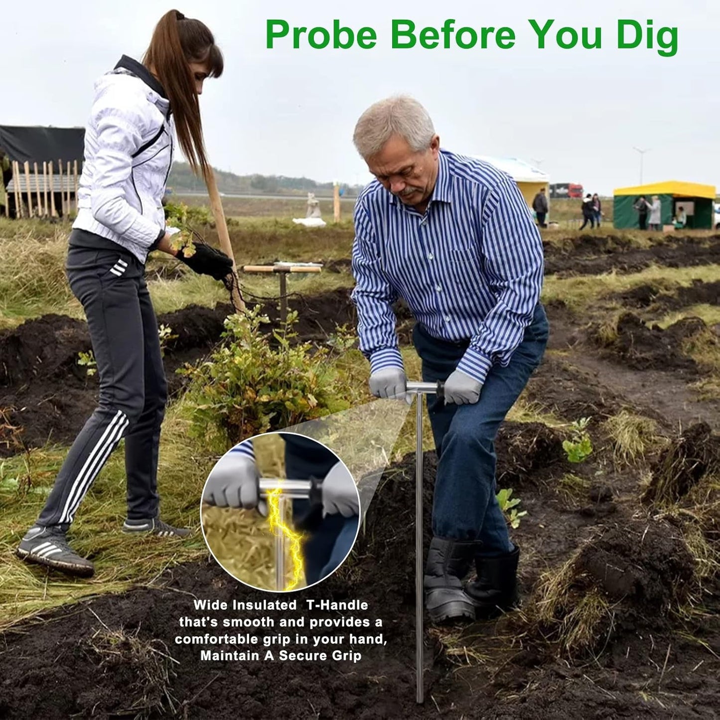 Soil Probe Rod,32"-48" Septic Tank Probe Rod,Beseetop Pipe Probe Made of Stainless Steel with Insulated T Handle Heavy Duty Perfect for Locating Septic Tank Underground Pipe Gravel Gopher Runs