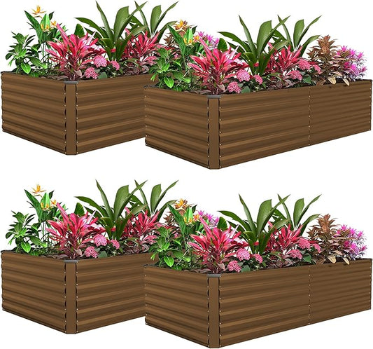 FOOWIN 4pcs 6x3x2ft Galvanized Raised Garden Bed, Planter Raised Garden Boxes Outdoor, Large Metal Raised Beds for Gardening, Garden Bed for Vegetables, Flowers, Herb,269 Gallon Capacity, Brown