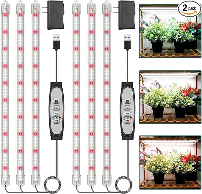 3-Bar Grow Light Strips for Indoor Plants, 16" Full Spectrum Plant Lights, 6500K Sunlike Grow Lights with 6/12/18H Timer, 5-Level Dimmable for Indoor Growing(2 Pack)