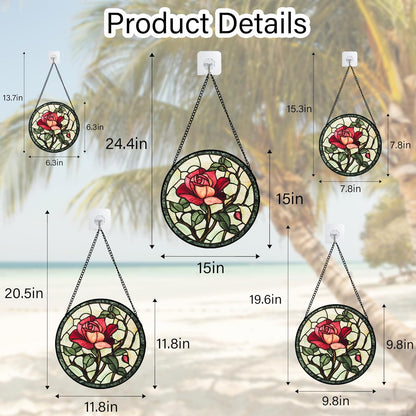 Stained Glass Window Hanging, Red Rose Flowers Sun Catcher for Door Garden Home Decor Suncatcher Christmas Mother's Day Birthday Gifts for Women Lovers Men Wife Girlfriend Mom Nana 7.8 in