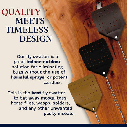 Leather Fly Swatter Set (2 Pack) – 17” Amish-Made Fly Swat w/Real Leather Paddle – Fly Swatters Multi Pack w/Metal Handle – Bug Swatter, Mosquito Swatter, Wasp Swatter (Brown)
