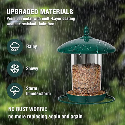 Metal Bird Feeder for Outdoors Hanging,3.0LB Seed Feeder,Easy to Fill & Clean,360° Feeding,Chew Proof Weatherproof Roof for Gardens and Wild Birds,Green