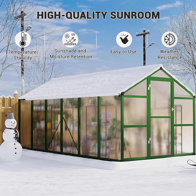 8x12 FT Polycarbonate Greenhouse with Roof Vent - Large Aluminum Walk-in Greenhouse Kit for Gardening, Backyard, Patio, Lawn - Easy Assembly