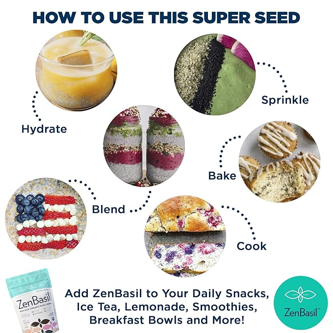 Zen Basil Seeds | edible basil seeds usda organic, kosher, non-gmo, lectin free, gluten free, plant based, keto, paleo, vegan | 15g fiber per/serv | 14oz | more fiber than chia seeds | prebiotic
