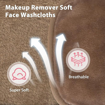 Makeup Remover Cloth, 6" x 6" Make Up Towels Reusable Face Cloth for Washing Face, Makeup Remover Pads Microfiber Face Washcloth with Mesh Bag, Just Water, 12 Pack, Light Brown
