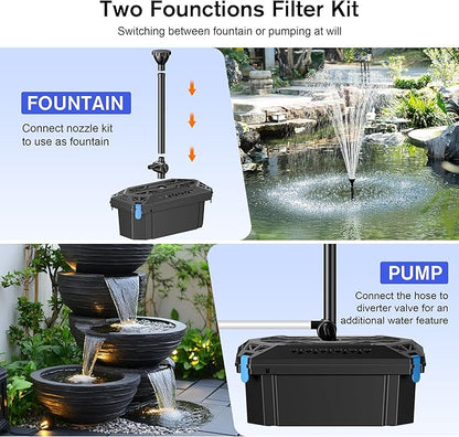 NFESOLAR Pond Filter with Fountain Pump Kits, 660GPH Pond Filter Fountain with Colorful Lights, Multi-layer Filtration, for Outdoor Ponds Up to 2000 Gallons, Fish Tank, Waterscape - Corded Electric