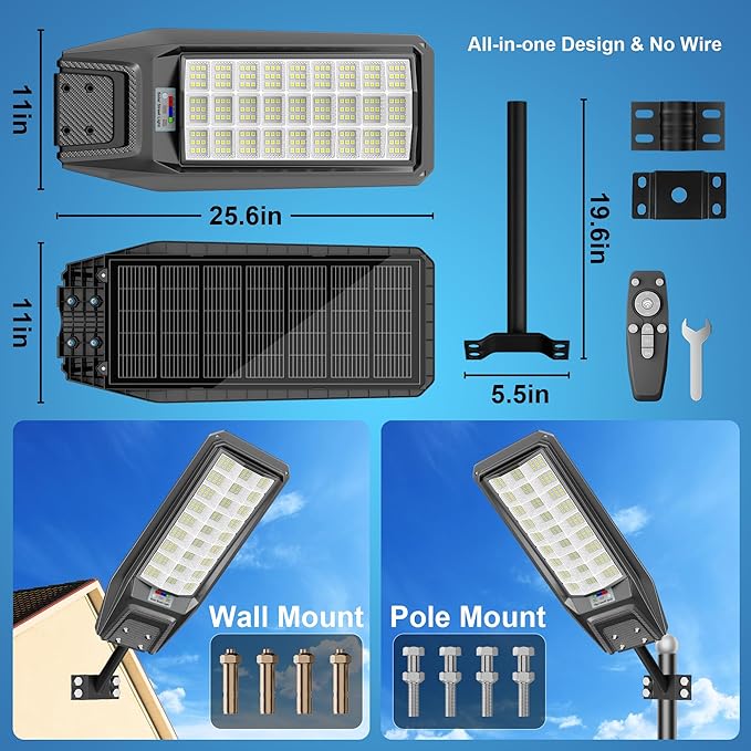 8500W Solar Street Light Outdoor Waterproof, 250000LM Large Commercial Light Solar Powered Dusk to Dawn LED Security Flood Lights with Remote/Motion Sensor, IP67 for Parking Lot/Garden/Yard