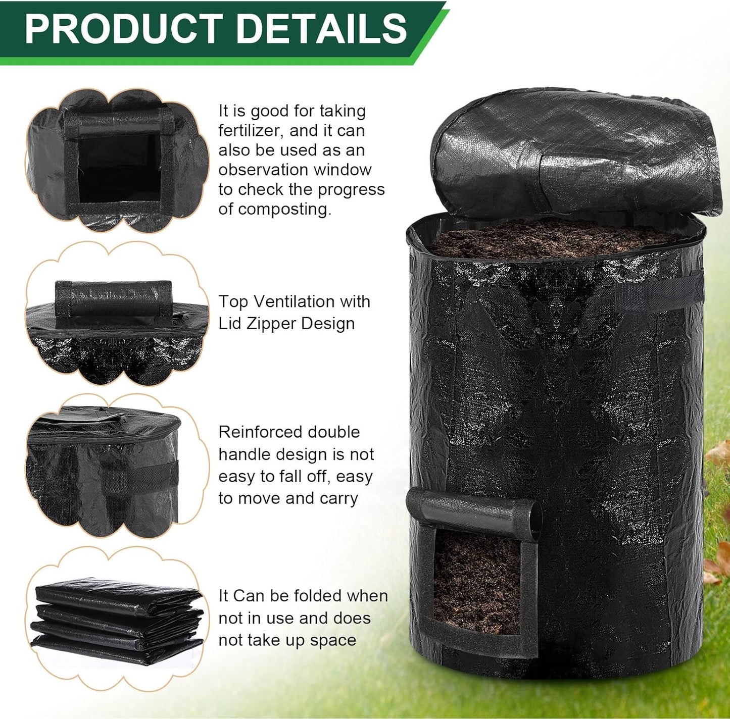Berlune 4 Pack 72 Gallons Reusable Yard Waste Bag Garden Lawn Leaf Collector Bag Large Heavy Duty Collapsible Compost Bin with Lid and Handles for Outdoor Debris Leaves Grass Clippings