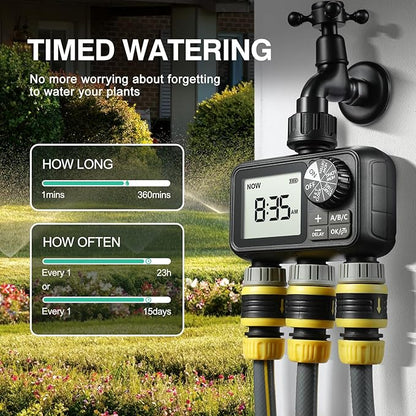 Sprinkler Timer,3 Outlets Programmable Water Timer with Brass Inlet for Garden Hose,Outdoor with Rain Delay/Manual/Automatic Watering System,Digital Irrigation Timers for Yard,Lawn