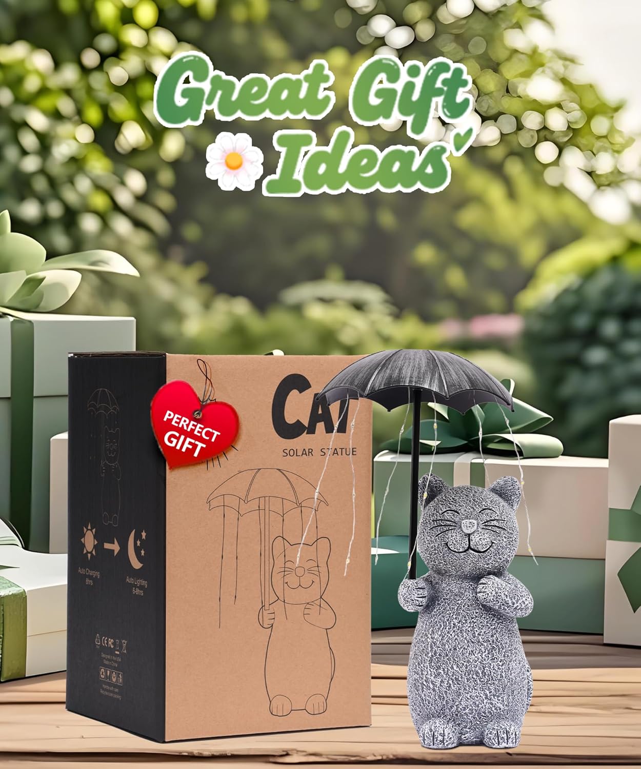 Nacome Solar Cat Garden Statues Outdoor Decor: Holding Umbrella with String Lights Patio Yard Lawn Outside Decorations - Birthday Gifts for Mom Grandma Women Sister(Grey)