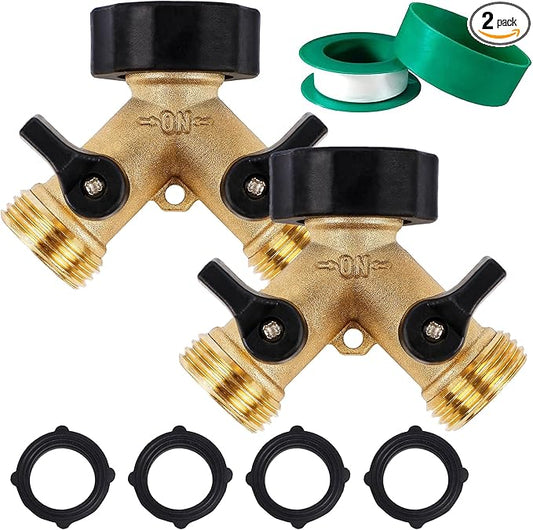 Biswing 2 Pack Garden Hose Splitter 2 Way, Heavy Duty Brass Connector Tap Splitter, Y Splitter 2 Valves with 4 Extra Rubber Washers