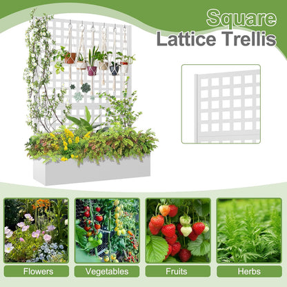 Metal Raised Garden Bed, Trellis Planters Bed with Drainage Holes for Climbing Plants, Vegetables Outdoor Privacy Screen with Planter Box 73"x47"x16", White