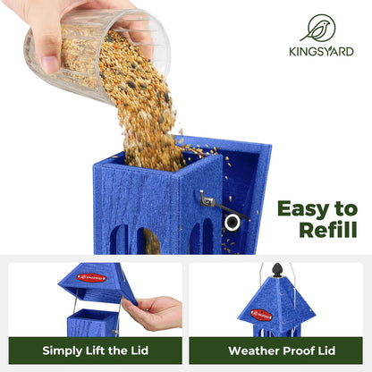 Kingsyard Rainproof Bird Feeder for Outdoor Hanging, Recycled Plastic Wild Bird Feeder with 4 Metal Ports, 3 lbs Large Capacity, Garden Yard Decorations for Bluebird Finches, Blue