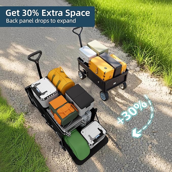 Favoyard Collapsible Wagon Carts with Extended Tailgate, Foldable 130L & 330LBS Portable Folding Wagons with All - Terrain Wheels & Drink Holders for Shopping, Garden, Camping & Beach, Black