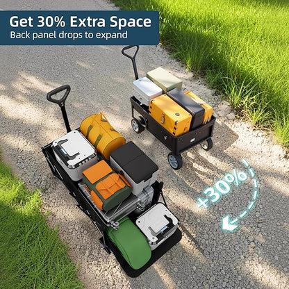 Favoyard Collapsible Wagon Carts with Extended Tailgate, Foldable 130L & 330LBS Portable Folding Wagons with All - Terrain Wheels & Drink Holders for Shopping, Garden, Camping & Beach, Black