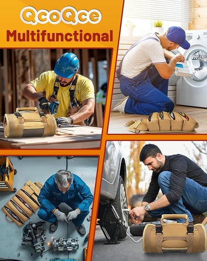 QcoQce Heavy Duty Oxford Tool Roll, Waterproof Durable Tool Bag with 6 Pockets, Tool Organizer for Garage, Vehicle Maintenance, Home Repairs, Portable Roll Up Tool Bag Gift for Men