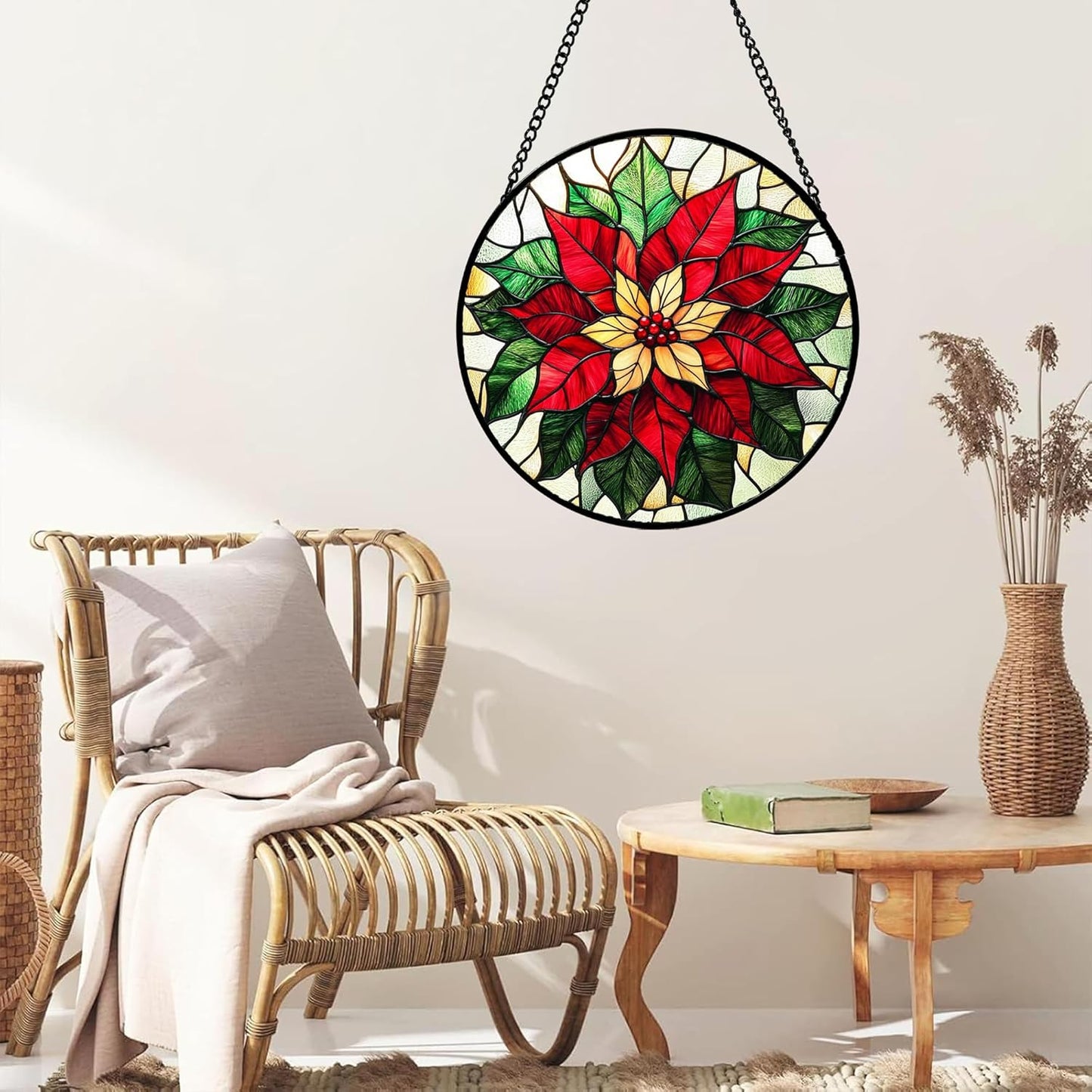 Stained Glass Window Hanging - Red Poinsettia Birth Flower Sun Catcher for Door Garden Home Decor Suncatcher Christmas Mother's Day Birthday Gifts for Women Men Mom Girl Nana Friend 9.8 in