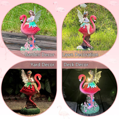 Solar Fairy & Flamingo Garden Decor Statue, Outdoor Funny Solar Light Decoration for Yard, Patio, Lawn, Unique Housewarming, Birthday Gift for Women, Mom, Grandma