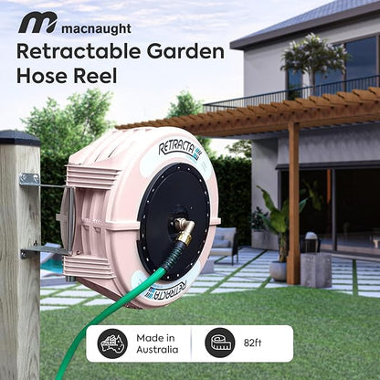 Macnaught Retractable Garden Hose Reel, 82 Ft Water Hose Reel Heavy Duty Retractable Hose with Metal 180° Swivel Rotation Bracket for Wall Mount - Beige