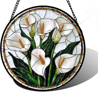 Stained Glass Window Hanging, White Calla Lily Flowers Sun Catchers Glass Panel Plant Suncatcher Decor for Birthday for Women, Men, Wife, Aunt, and Mom 6.3 in