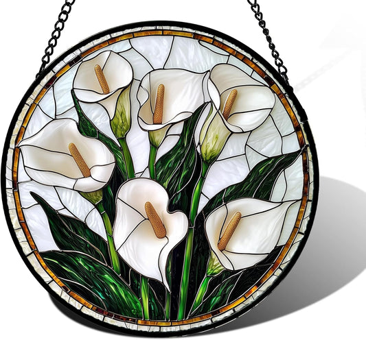 Stained Glass Window Hanging, White Calla Lily Flowers Sun Catchers Glass Panel Plant Suncatcher Decor for Birthday for Women, Men, Wife, Aunt, and Mom 7.8 in
