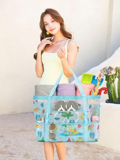 Mesh Beach Bag, Large Beach Tote with Zipper Pocket for Family Pool Bag for Toys & Vacation Essentials