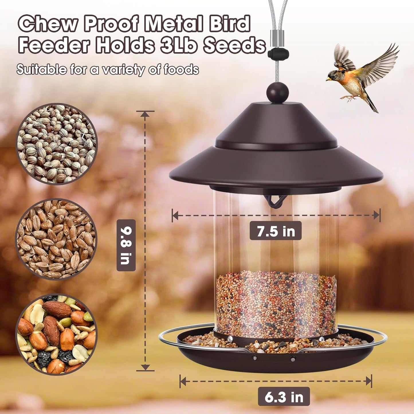 Metal Roof Bird Feeder, Bird Feeders for Outdoors Hanging with Clear Tube Seed Capacity for Cardinal Finch, Chew Proof Wild birdfeeders for Garden Yard Outside