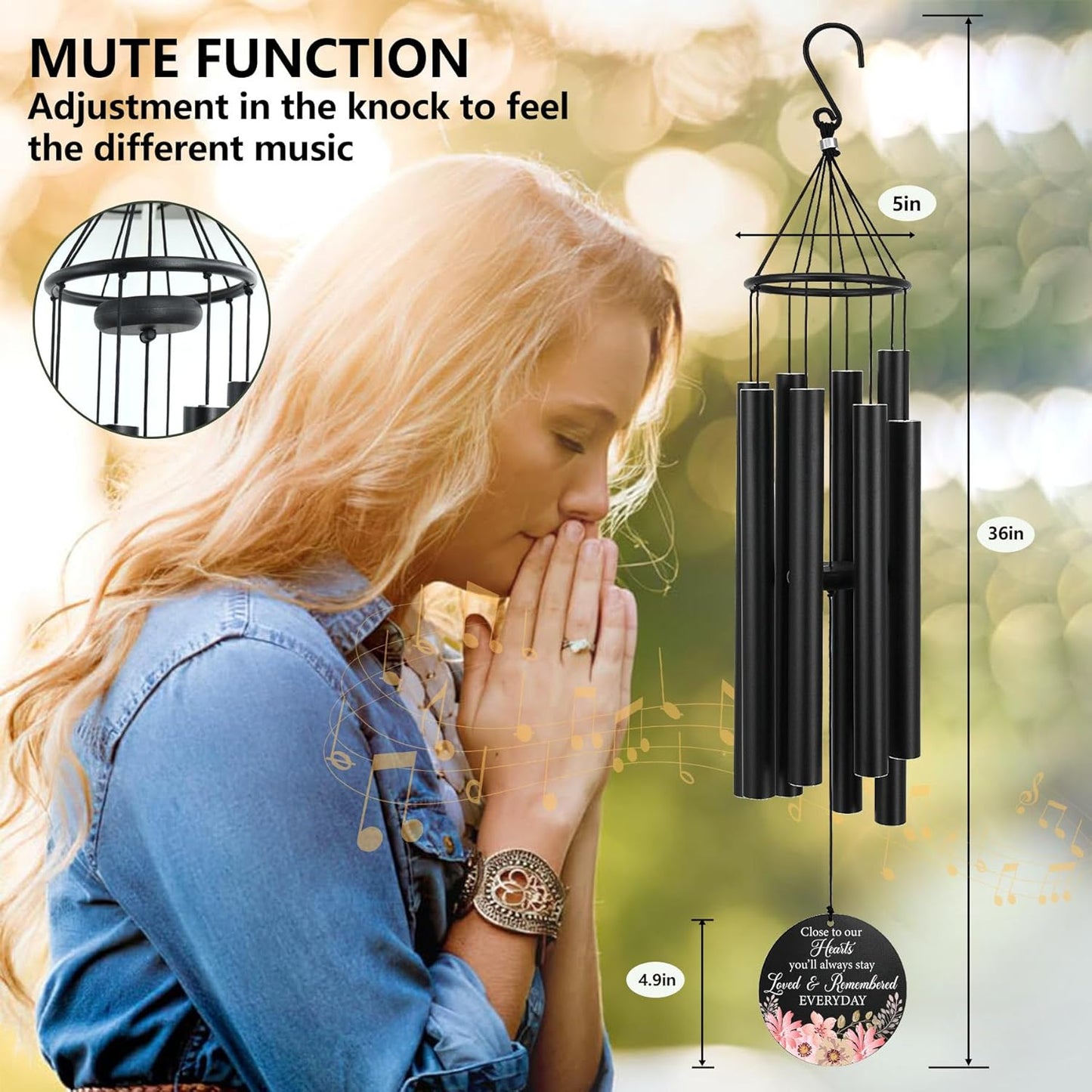 Personalized 36" Memorial Wind Chimes for Outside, Sympathy and Bereavement Gift for Loss of Loved One, A Thoughtful Remembrance of Mother, Father or Husband for Garden and Patio