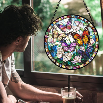 Stained Glass Window Hanging, Colorful Butterfly Suncatcher for Doors Home Sun Catchers Decoration and Christmas, Mother's Day Birthday Gifts for Women, Men, and Mom 14.9x14.9 in