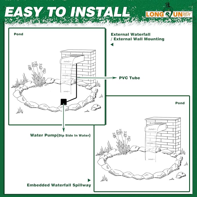 Pool Fountain Waterfall Spillway with Wider Water Flow Platform, Stainless Steel Waterfall with Pipe Connector Kits, Water Feature Spillway for Garden Decor, Patio, Ponds, 11.8"x11.8"x3.9