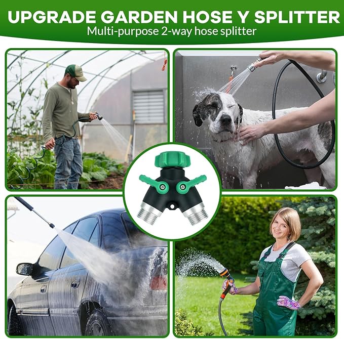 Garden Hose Splitter 2 Way, 304 Stainless Steel Hose Splitter 2 Way Heavy Duty, 3/4" Full Flow Y Valve Water Hose Splitter, Outdoor Faucet Splitter Y Connector for Garden Hose