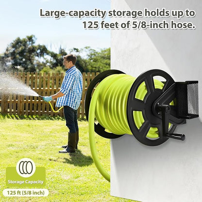 GADFISH Garden Wall Mounted Hose Reel, Metal Hose Reel, Holds 125ft of 5/8-Inch Hose(Not equipped), Equipped with 3.9ft Water Supply Hose and Small Storage Basket, Suitable for Gardens & Yards