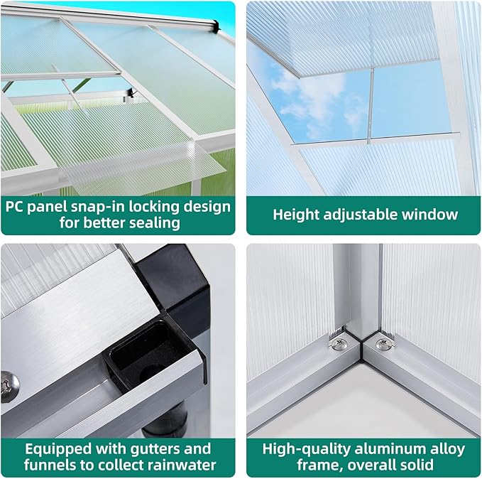 Garvee 8x12 ft Greenhouse - Aluminum Greenhouses for Outdoors, Large Polycarbonate Greenhouse with Roof Vent, Heavy Duty Walk-in Green Houses for Outside Garden, Backyard, Patio, Lawn, Easy Assembly