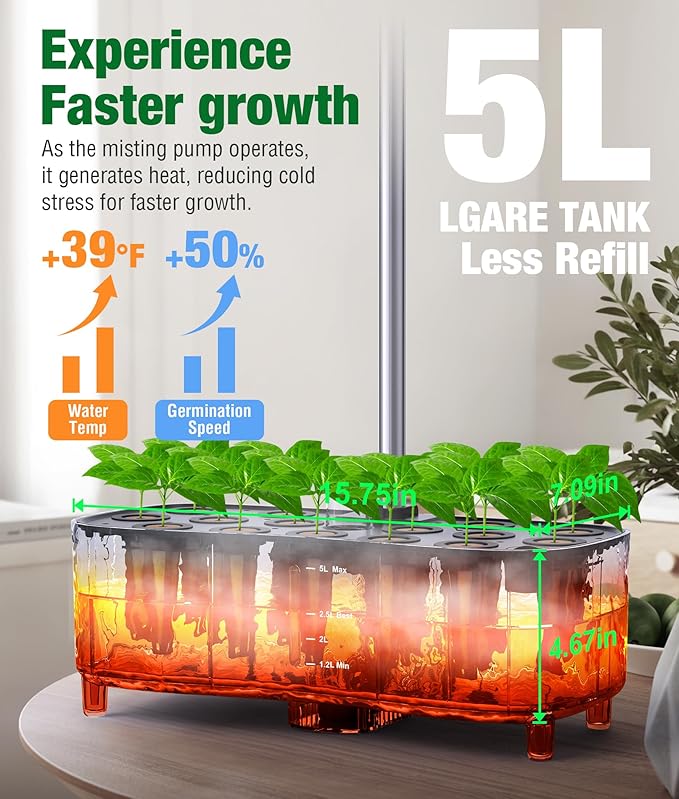 Misting 15 Pods Hydroponic Growing System Herb Garden Kit Indoor, Large Tank Plant Germination Kit with Adjustable Height Grow Light to “20", Quiet Pump, Auto Timer, Gardening Christmas Gifts (5L)