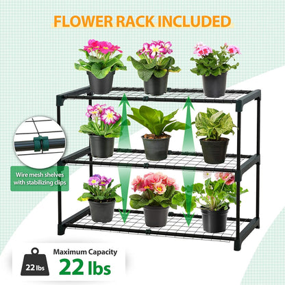 EAGLE PEAK 3 Tier Lean to Portable Greenhouse, Heavy-Duty Indoor & Outdoor Garden with Wire Shelves, 2 Roll-Up Zipper Doors, Easy Assembly, 79"x39"x83" Clear/Green PE Cover