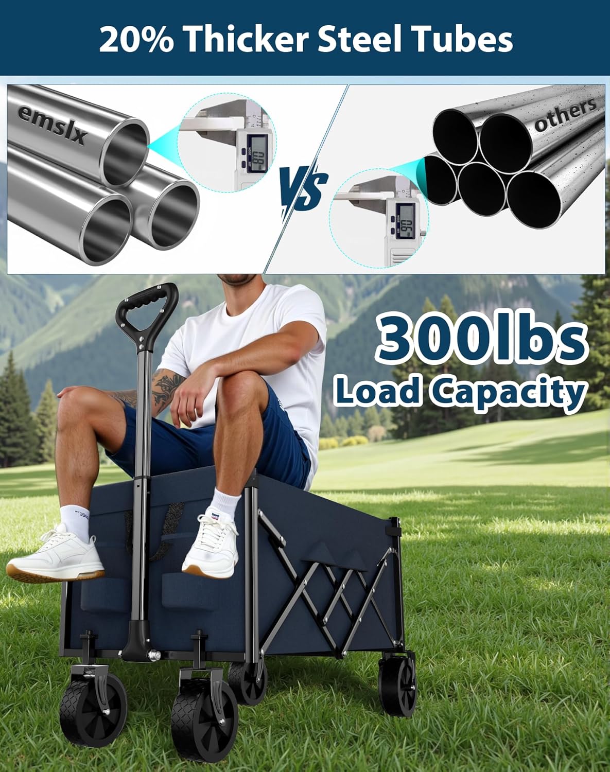 Lightweight Folding Wagon, Large Capacity Collapsible Grocery Cart on Big Wheels, Heavy Duty Foldable Shopping Carts, All-Terrain Outdoor Utility Carts, 3.5 Cu Ft, Blue