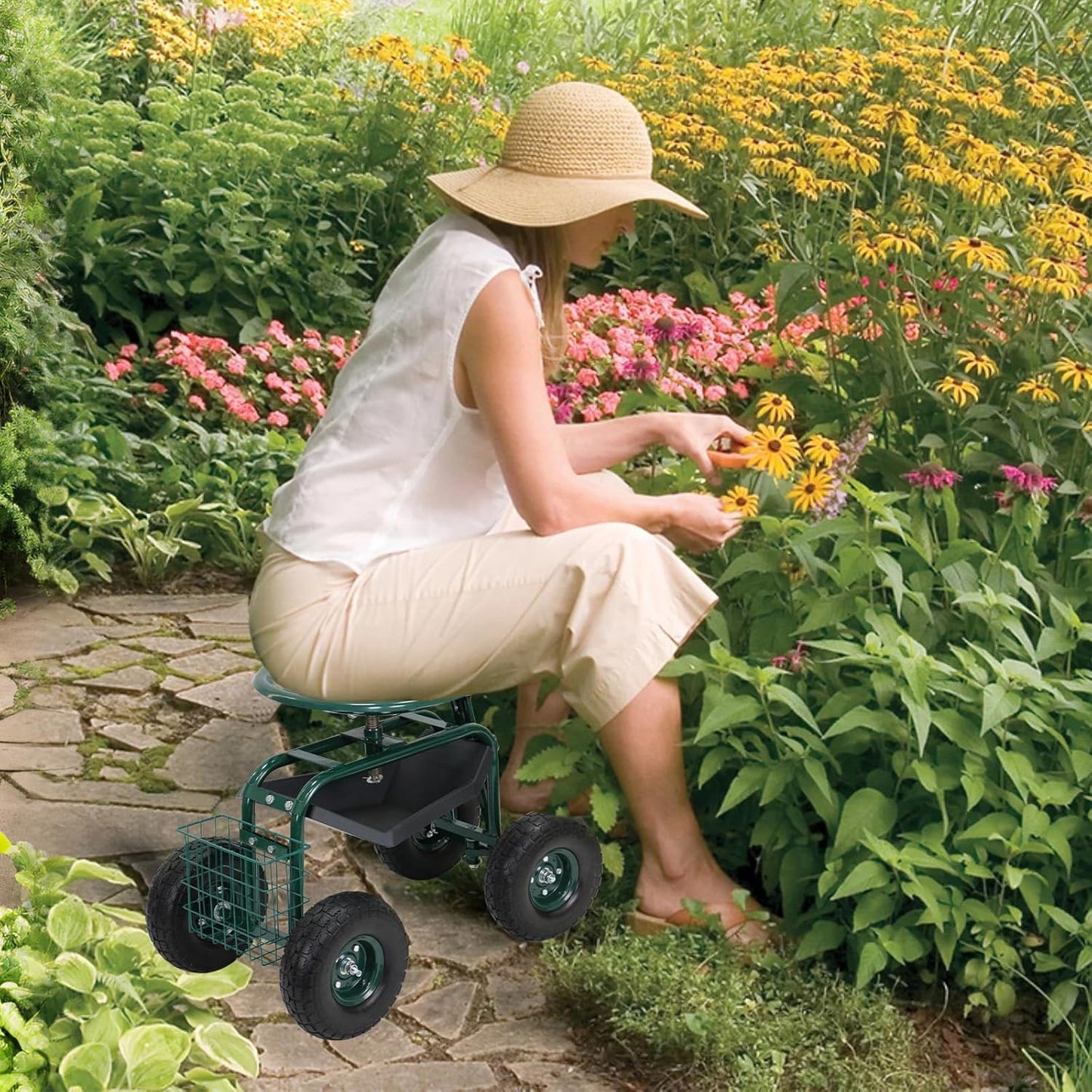 BESTHLS Garden Cart with Seat on Wheels Rolling Gardening Stool with Wheels Heavy Duty for Planting with 360 Degree Swivel Seat Steering Handle & Utility Tool Tray