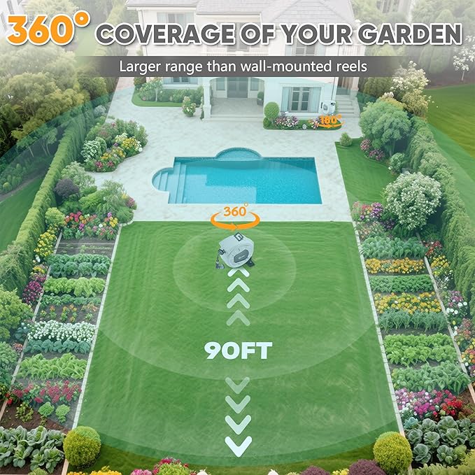 SILVEL Automatic Retractable Garden Hose Reel on Metal Spike, 1/2 in x 90FT Ground Mounted Outside, UV Resistant with 10 Pattern Nozzle, 360° swivel, No Holes in your house, Easy Installation