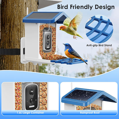 Smart Bird Feeder with 2.5K HD Camera – AI Bird Species Recognition, Solar-Powered, Live Alerts & Video Capture, Squirrel-Proof Outdoor Birdhouse, Gift for Nature Lovers